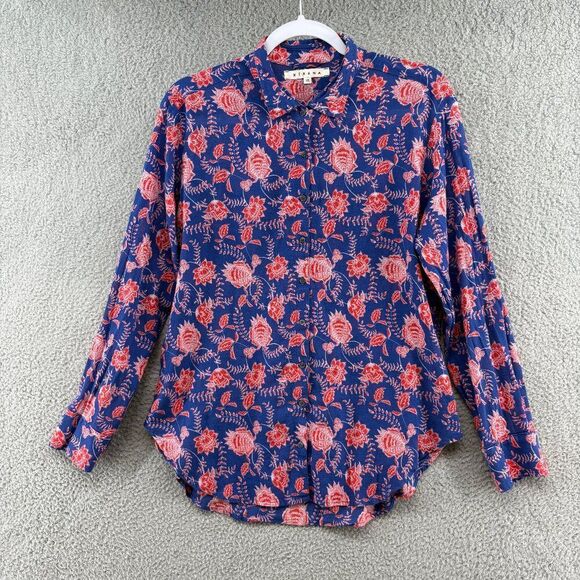 Xirena Blue Red Floral Print Button Down Shirt XS Lightweight Boho Blouse - Picture 1 of 6